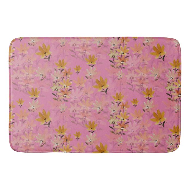 Alfombrilla De Baño Pastel Boho Mustard Flores salvajes rosadas (Anverso)