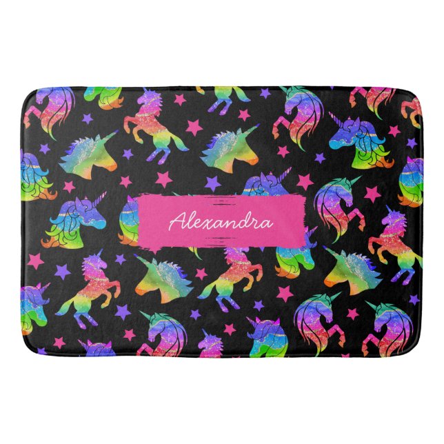 Alfombrilla De Baño Patrón arcoiris unicornio purpurina con nombre (Anverso)