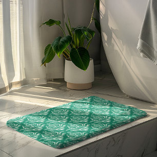 Alfombrilla De Baño Patrón Art Decó Floral Turquesa y Blanca