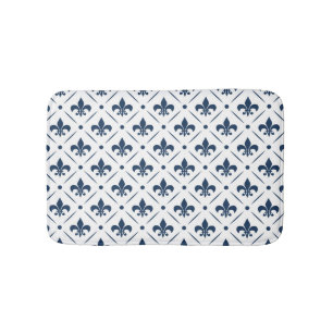 Alfombrilla De Baño Patrón azul oscuro Fleur De Lis sobre fondo blanco