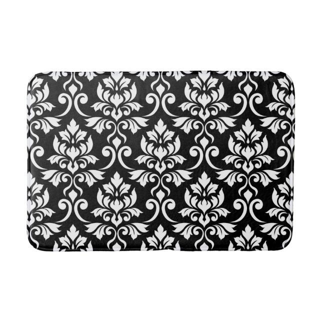 Alfombrilla De Baño Patrón blanco de Feuille Damask en negro (Anverso)