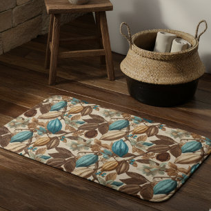Alfombrilla De Baño Patrón Botánico de Cacao Turquesa Marrón Dorado