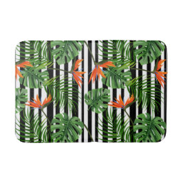 Alfombrilla De Baño Patrón Botánico Rayado de Monstera Tropical