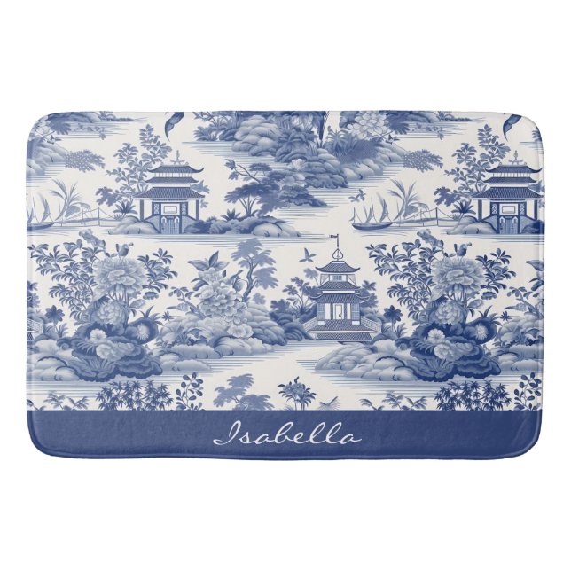 Alfombrilla De Baño Patrón Chinoiserie personalizado Pagoda Azul Blanc (Anverso)