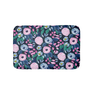 Alfombrilla De Baño Patrón de acuarela de color azul floral de la mari