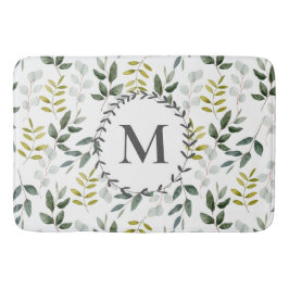 Alfombrilla De Baño Patrón de acuarela de hojas verdes monogramadas