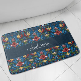 Alfombrilla De Baño Patrón de arte popular escandinavo floral azul