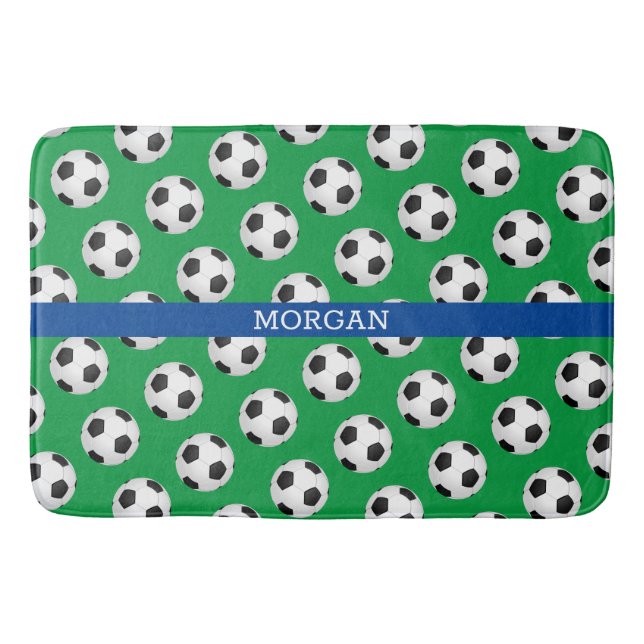 Alfombrilla De Baño Patrón de bolas de fútbol, nombre blanco, azul y v (Anverso)