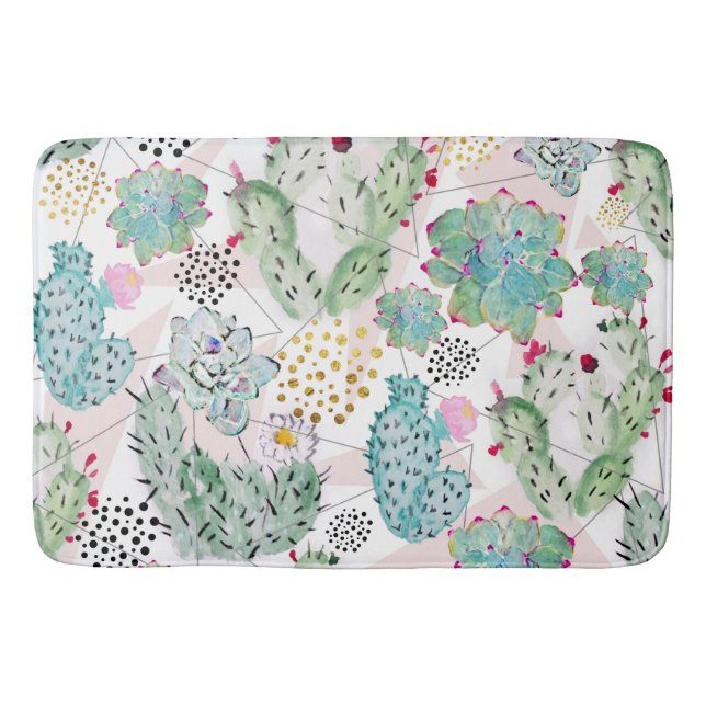 Alfombrilla De Baño patrón de cactus y triángulos de acuarela (Anverso)