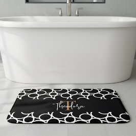 Alfombrilla De Baño Patrón de círculo blanco y negro con monograma