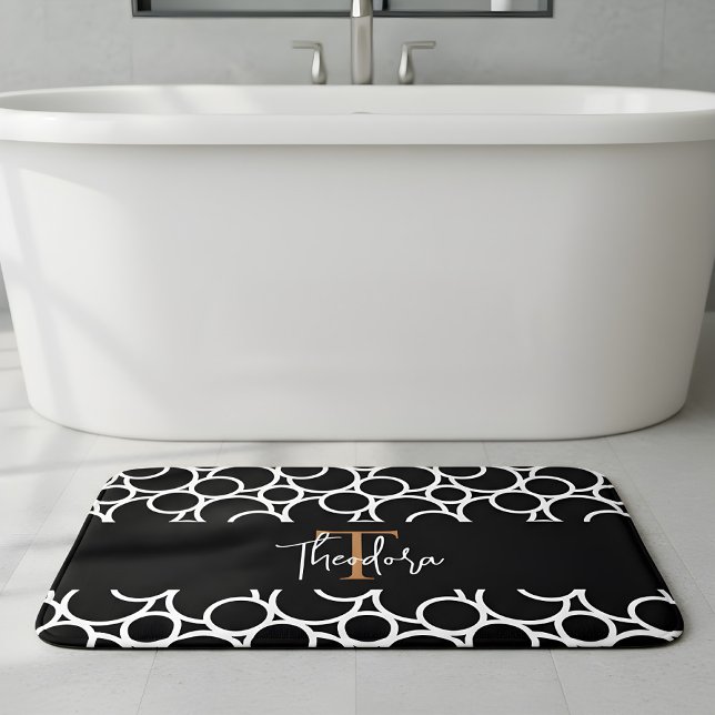 Alfombrilla De Baño Patrón de círculo blanco y negro con monograma (personalized bath mat in black and white)