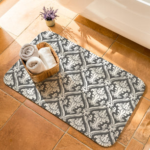 Alfombrilla De Baño Patrón de damasco barroco gris oscuro y blanco