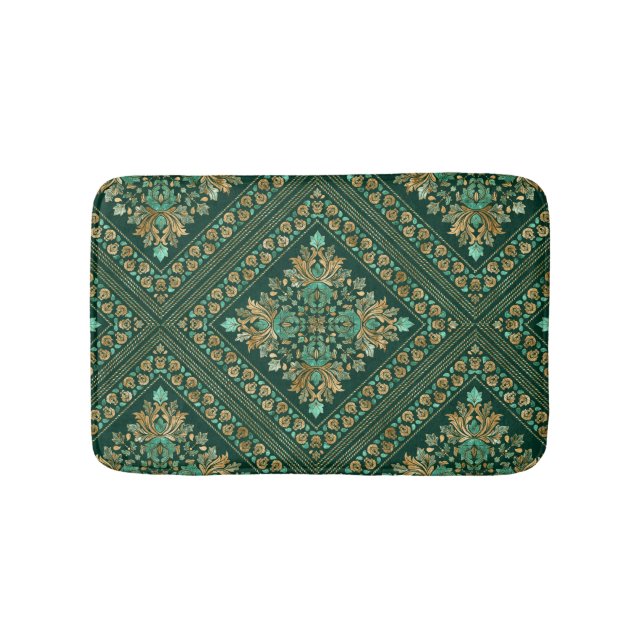 Alfombrilla De Baño Patrón de Damasco de época - Verde de esmeralda y  (Anverso)