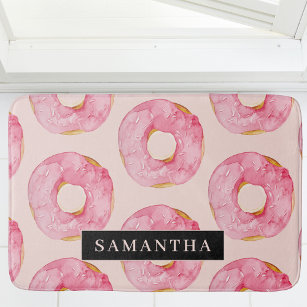 Alfombrilla De Baño Patrón de Donuts de color rosa moderno con nombre