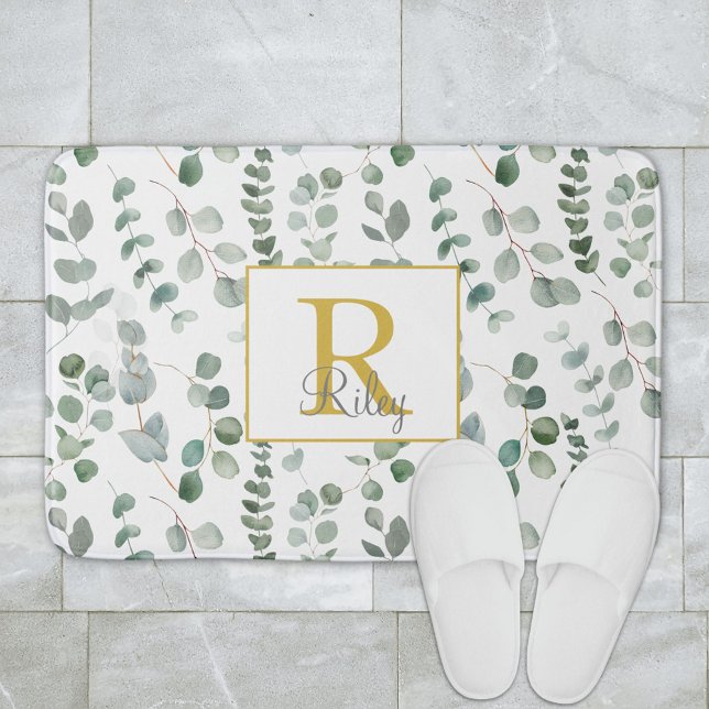 Alfombrilla De Baño Patrón de eucalipto con monograma (In situ bathroom floor)