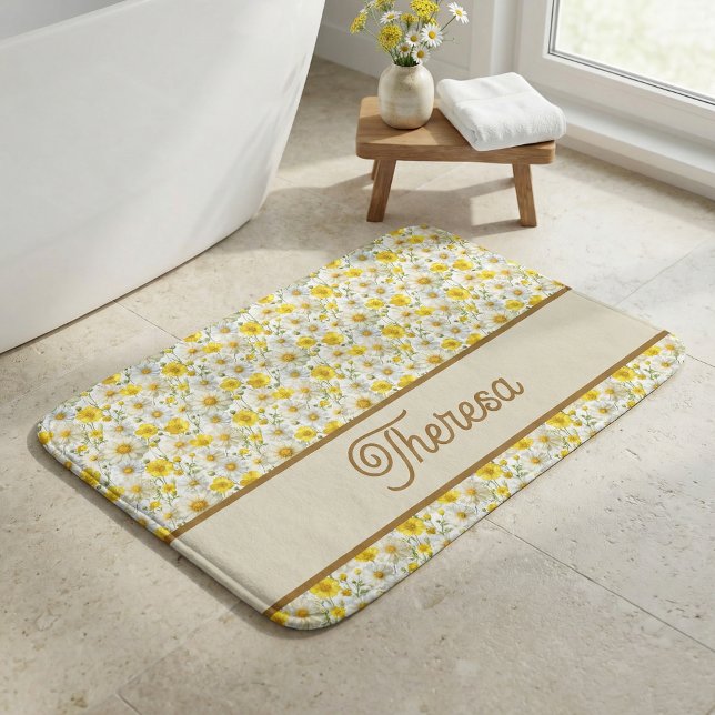 Alfombrilla De Baño Patrón de flores silvestres amarillas con monogram (Subido por el creador)