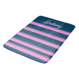 Alfombrilla De Baño Patrón de franjas azul y rosa personalizado