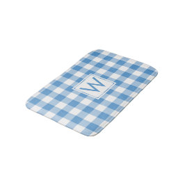 Alfombrilla De Baño Patrón de Gingham blanco y azul claro con monogram