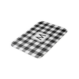 Alfombrilla De Baño Patrón de Gingham blanco y negro con monograma