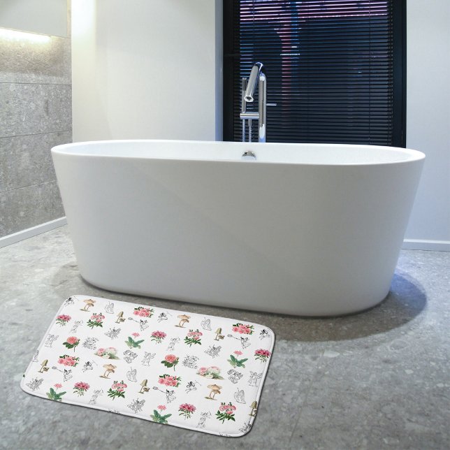 Alfombrilla De Baño Patrón de hadas rosadas florales y champiñones (Fairies Pink Floral & Mushroom Fairy Pattern Bath Mat)