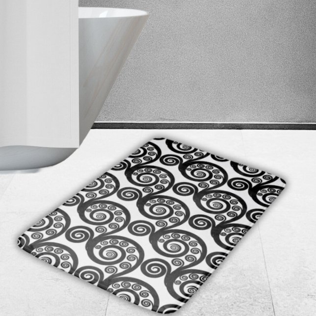 Alfombrilla De Baño Patrón de hojas de hierro forjado negro blanco vin (Vintage Black White Curly Swirls Fern Leaf Pattern Bath Mat)