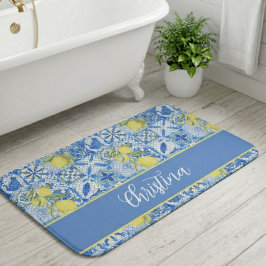 Alfombrilla De Baño Patrón de limón de país francés de baldosas azules