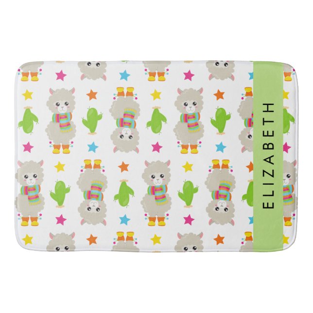 Alfombrilla De Baño Patrón De Llamas, Alpacas, Cactus, Tu Nombre (Anverso)