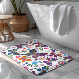 Alfombrilla De Baño Patrón de mariposas y flores retro coloridas