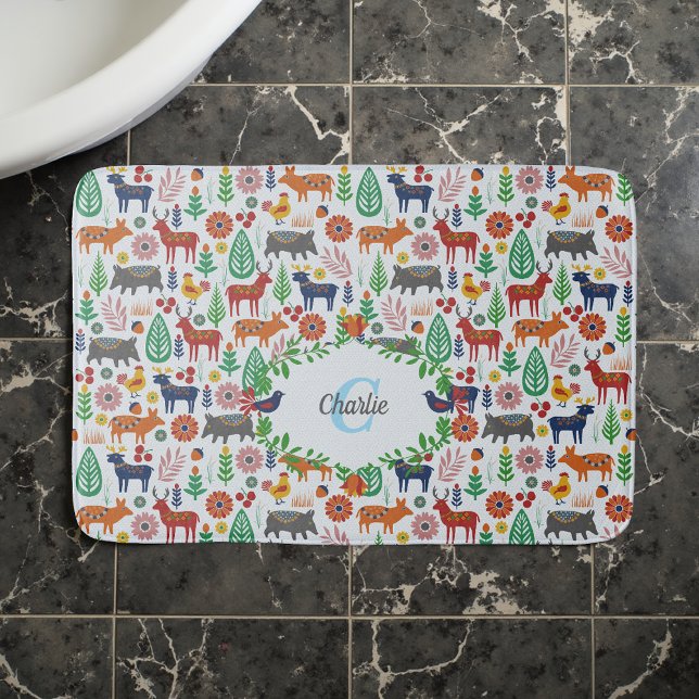 Alfombrilla De Baño Patrón de monograma de arte folclórico escandinavo (Subido por el creador)