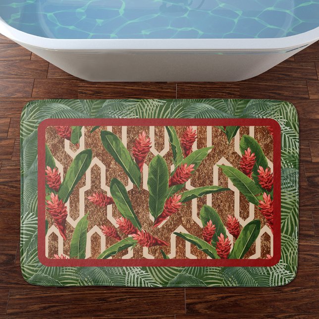 Alfombrilla De Baño Patrón de Plantas y Palmeras Tropicales (Tropical Plants and Palms Geometric Pattern Bath Mat)
