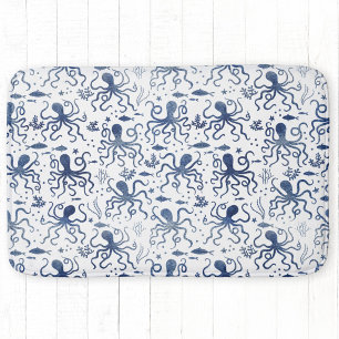 Alfombrilla De Baño Patrón de Pulpo Submarino Aquarela Azul Costero