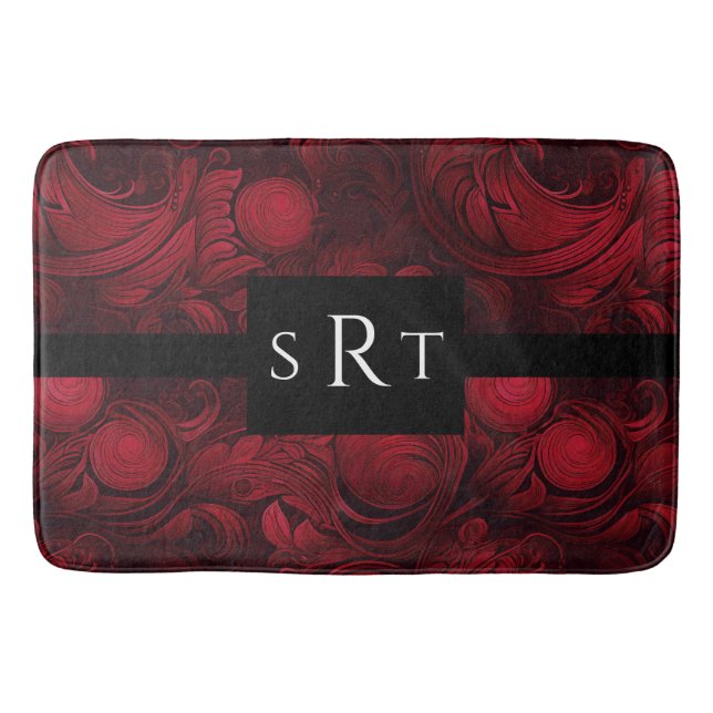 Alfombrilla De Baño Patrón De Swirl Resumen De Monogramo Rojo Oscuro (Anverso)