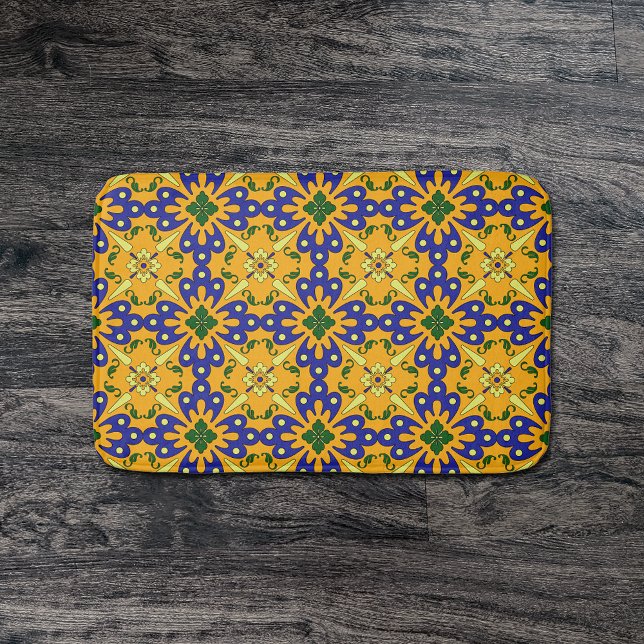 Alfombrilla De Baño Patrón De Tile Español Azul Y Amarillo naranja (Subido por el creador)