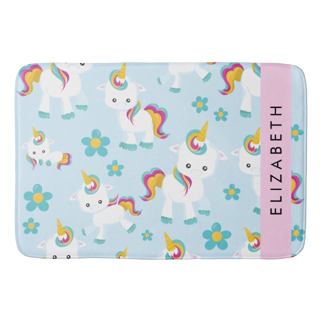 Alfombrilla De Baño Patrón De Unicornios, Unicornios Cutos, Su Nombre (Anverso)