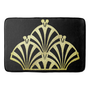 Alfombrilla De Baño Patrón de ventilador Art Deco oro negro elegante v