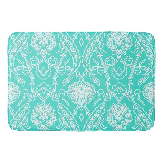 Alfombrilla De Baño Patrón decorativo de lujo turquesa y damasco blanc (Anverso)