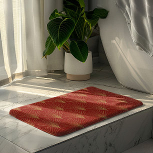 Alfombrilla De Baño Patrón dorado art-deco sobre fondo rojo