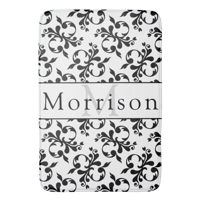 Alfombrilla De Baño Patrón elegante de damasco francés blanco y negro (Frente vertical)