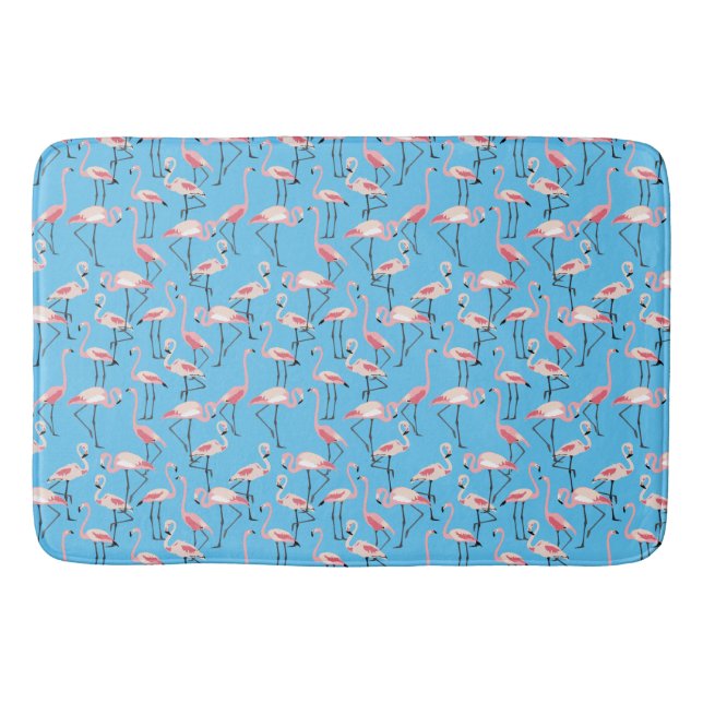 Alfombrilla De Baño Patrón Flamingo Rosa en Azul (Anverso)