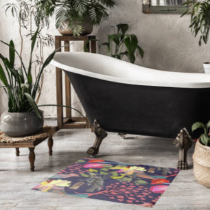 Alfombrilla De Baño Patrón floral Aves paraísas y árboles florecientes