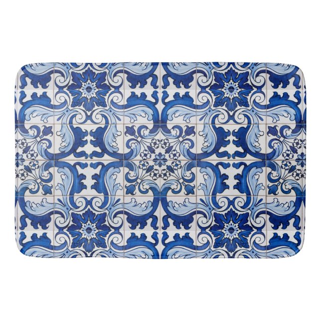 Alfombrilla De Baño Patrón floral azul azulado Azulejo Tile (Anverso)
