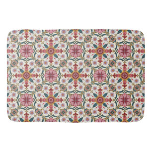 Alfombrilla De Baño Patrón floral boho en rojo, rosa y azul verdoso