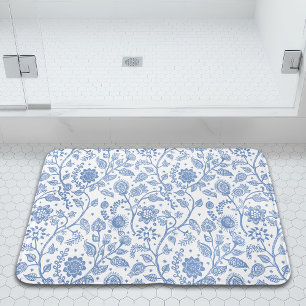 Alfombrilla De Baño Patrón floral botánico azul y blanco caprichoso
