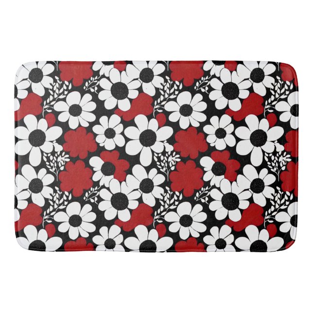 Alfombrilla De Baño Patrón floral de bonito en rojo, negro y blanco (Anverso)