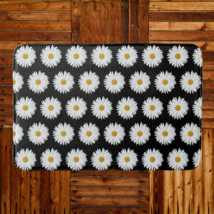 Alfombrilla De Baño Patrón floral de margarita blanca sobre negro