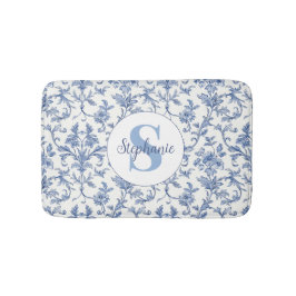 Alfombrilla De Baño Patrón Floral de Toile Francés Azul con Monograma 