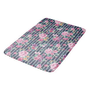 Alfombrilla De Baño Patrón floral en Rosas de rayas follan morado rosa
