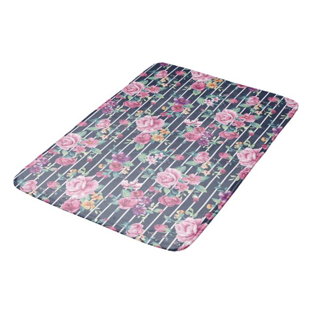 Alfombrilla De Baño Patrón floral en Rosas de rayas follan morado rosa (Angular)