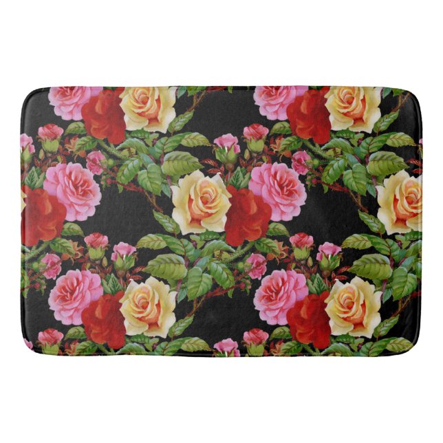 Alfombrilla De Baño Patrón floral Flores Rosas Rojo Rosa Verde Amarill (Anverso)
