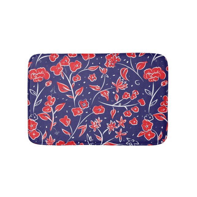 Alfombrilla De Baño Patrón floral rojo y azul (Anverso)